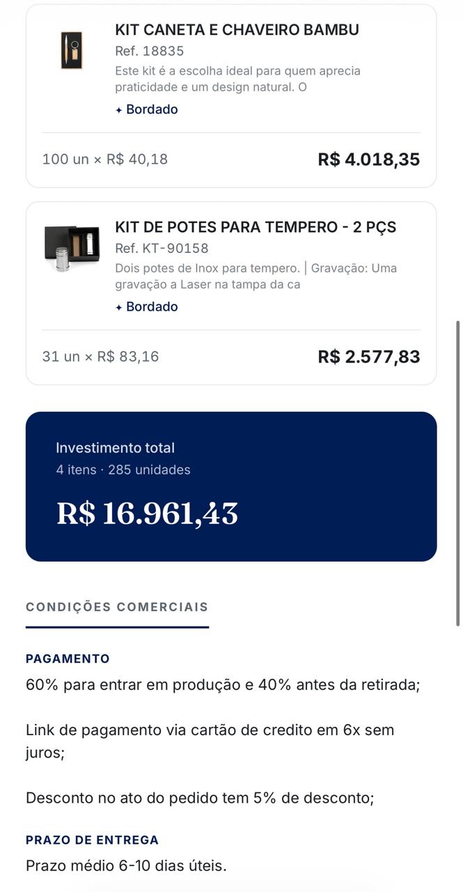 Proposta CotaBrinde - Investimento total e condicoes